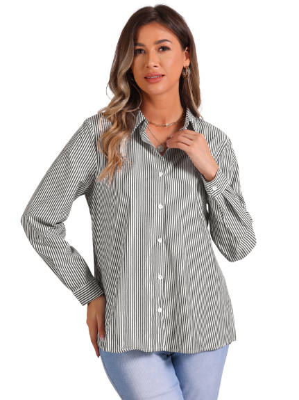 Allegra K - Button Down Long Sleeve Striped Work Shirt