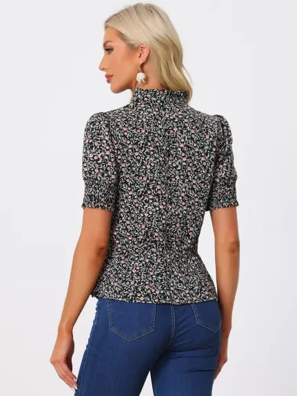 Allegra K - Ruffled Neck Summer Floral Peplum Top