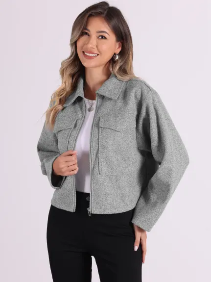 Allegra K - Lapel Collar Zipper Cropped Coat