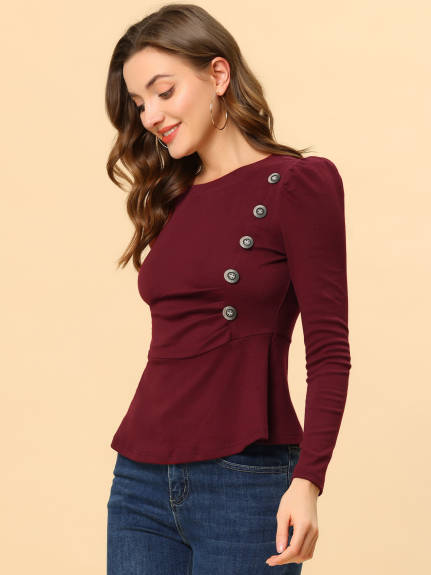 Allegra K- Puff Long Sleeve Button Decor Peplum Pullover Top