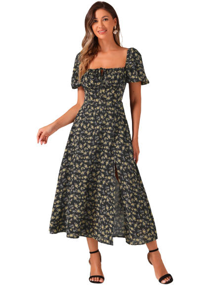 Allegra K - Robe longue à fleurs avec col noué et manches bouffantes fendues