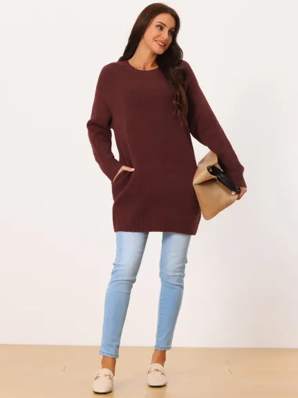 Allegra K- Round Neck Pullover Sweater with Pockets