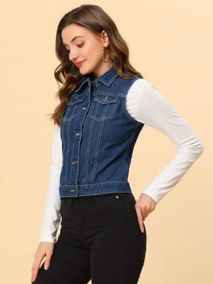 Allegra K- Washed Denim Buttoned Vest with Flap Pockets