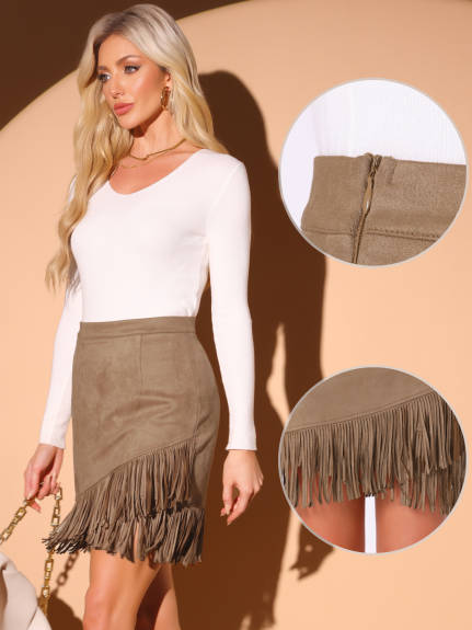 Allegra K - Faux Suede Fringe Trim Mini Skirt