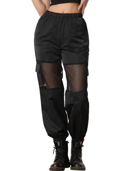 Allegra K- Mesh Panel Pant High Waist Sheer Elastic Baggy Cargo Pants