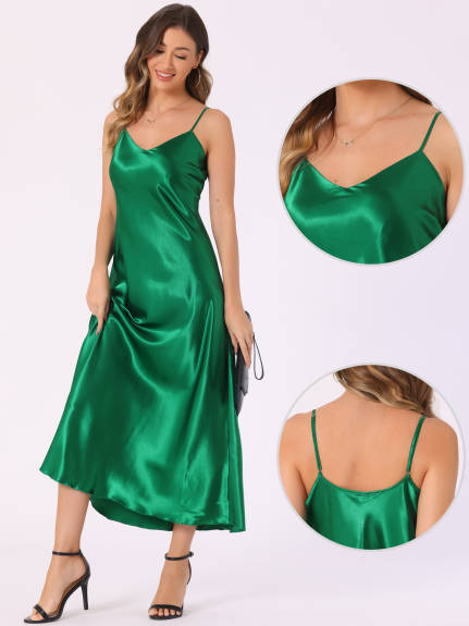 Allegra K - Satin V Neck Spaghetti Strap Maxi Dress