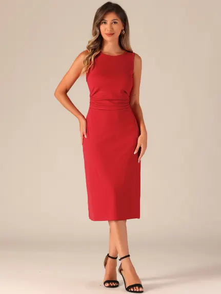 Allegra K- Ruched Crew Neck Sleeveless Midi Dress