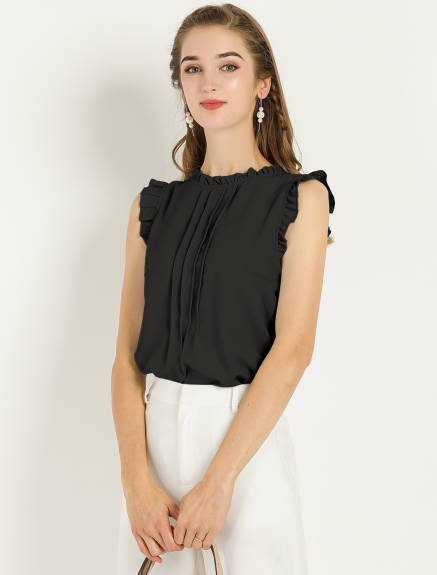 Allegra K- Ruffled Mandarin Collar Sleeveless Pleated Blouse