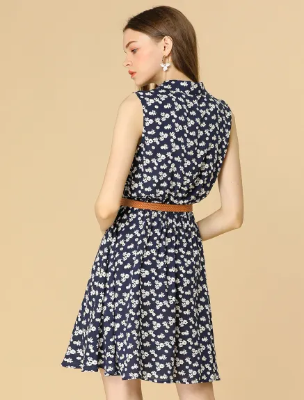 Allegra K- Printed Half Placket Sleeveless Belted Dress