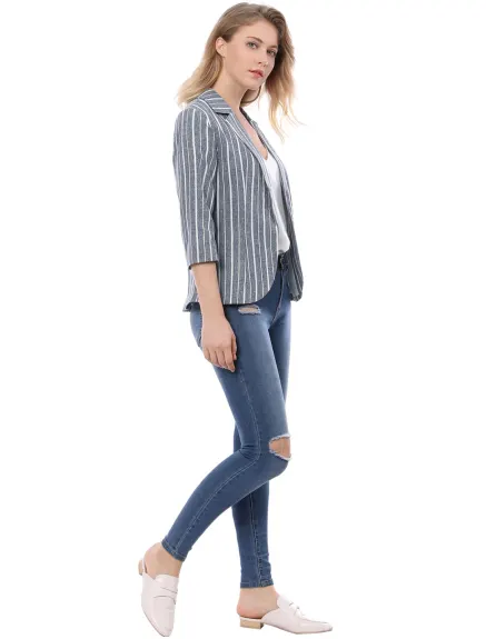 Allegra K- Casual Striped 3/4 Sleeves Open Front Notched Lapel Blazer