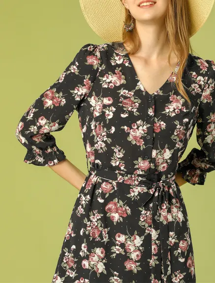 Allegra K- Floral Half Placket Belted 3/4 Sleeve Dress