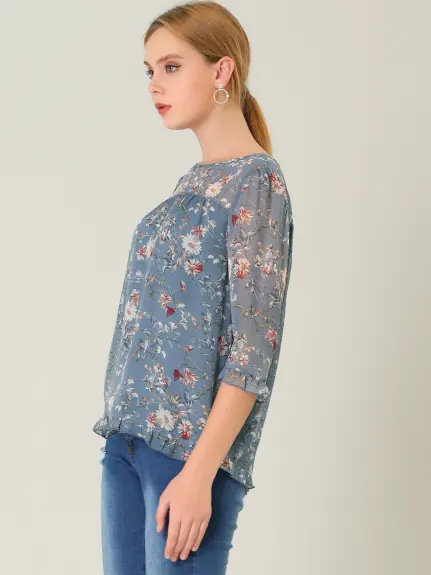 Allegra K- Floral Ruffled 3/4 Sleeve Chiffon Blouse