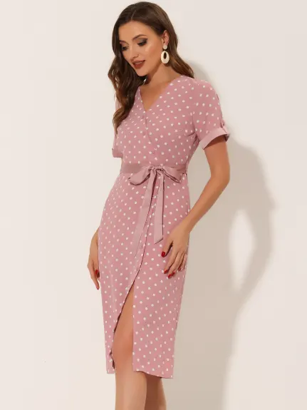 Allegra K- V Neck Polka Dots Button Decor Split Belted Dress