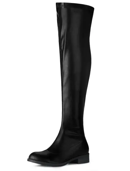 Allegra K- Low Block Heel Solid Thigh High Boots