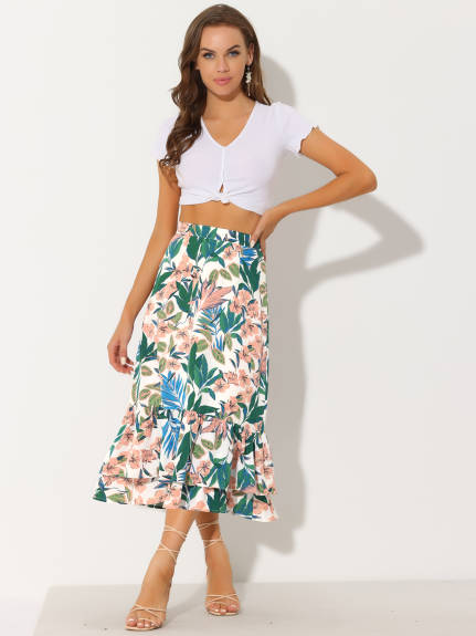 Allegra K- Printed Chiffon Ruffle Tiered Zipper Midi Skirt