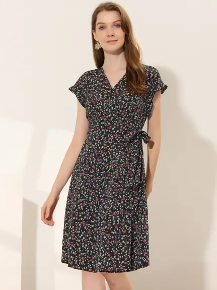 Allegra K- Robe midi ceinturée à manches volantées et fleurs