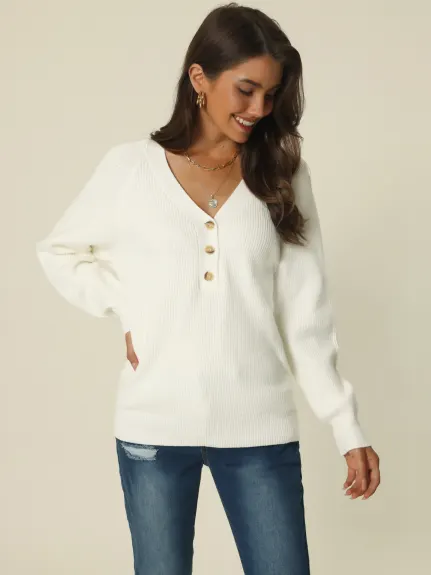 Allegra K- V Neck Button Down Ribbed Knit Pullover Top