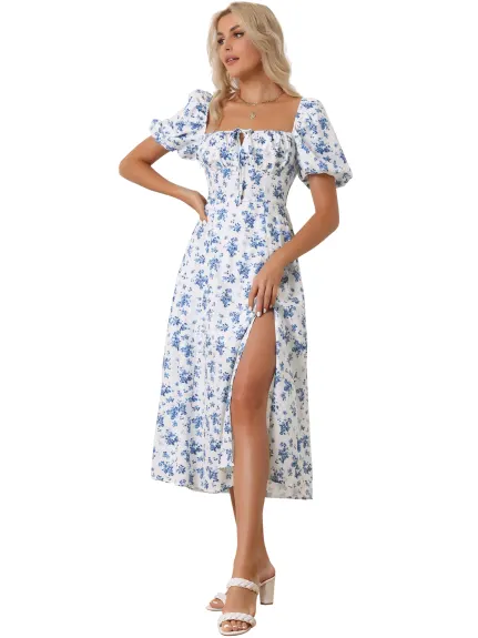 Allegra K - Robe longue à fleurs avec col noué et manches bouffantes fendues