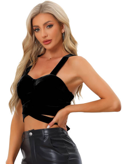 Allegra K- Velvet Cami Spaghetti Strap Deep V Crop Top