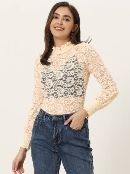 Allegra K- Turtleneck Long Sleeve Mesh Lace Floral Top