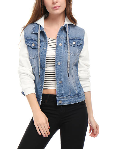 Allegra K- Drawstring Hood Denim Jean Jacket