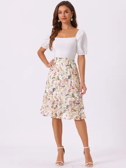 Allegra K- Floral Ruffle A-Line Split Midi Skirt