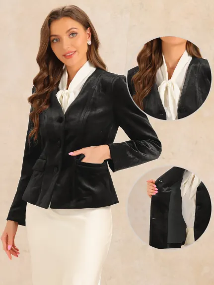 Allegra K - Velvet Shoulder Pads Blazer Jacket