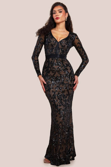 Goddiva - Embroidered Sequin & Mesh Maxi Dress