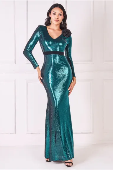 Goddiva - Liquid Sequin Corsage Maxi