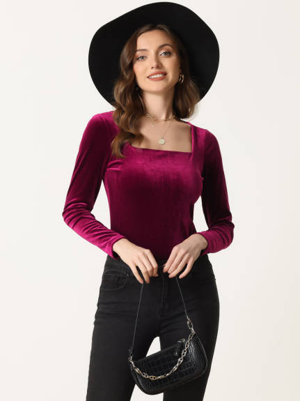 Allegra K- Square Neck Long Sleeve Velvet Blouse