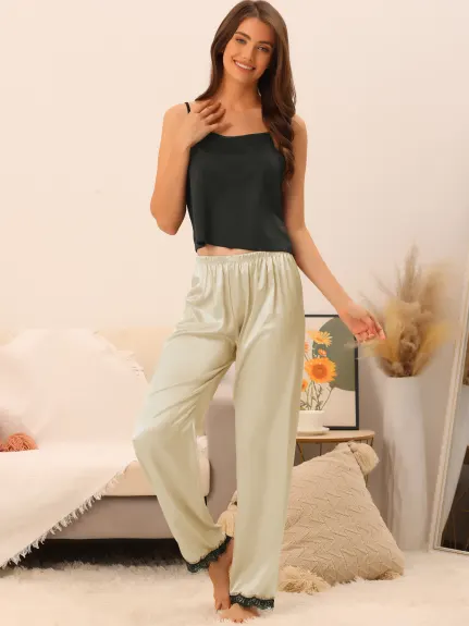 cheibear - Satin Wide-leg Lace Trim Sleep Pants