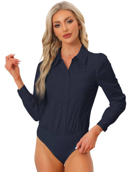 Allegra K- Leotard Collared Button Down Bodysuit