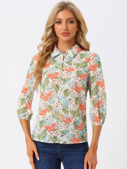 Allegra K- Collared 3/4 Sleeves Leaves Print Top