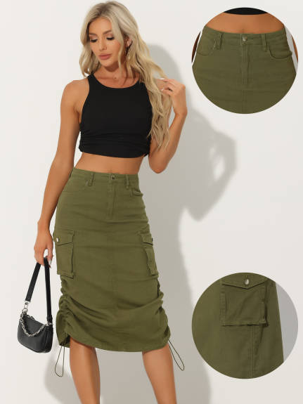 Allegra K- Flap Pocket Back Slit Drawstring Midi Cargo Skirt