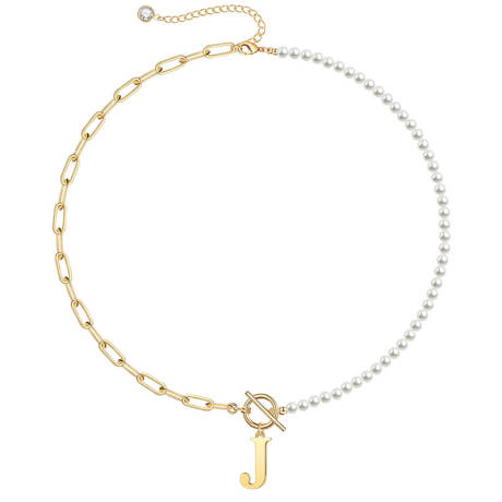 Rachel Glauber 14K Gold Plated Initial "J" Pearl Link Chain Necklace