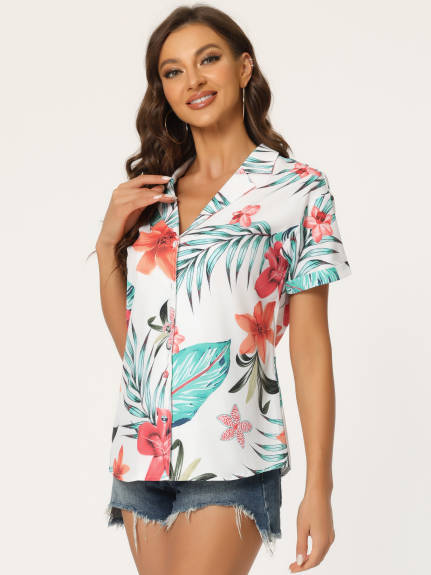 Allegra K- Beach Tropical Floral Leaves Button Down Shirts