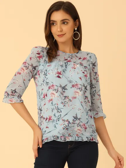 Allegra K- Floral Ruffled 3/4 Sleeve Chiffon Blouses