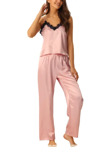 cheibear - Satin Lace Trim Cami Top Pants Pajamas Set