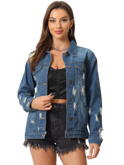 Allegra K- Long Sleeve Oversized Denim Jacket