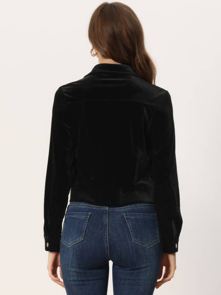 Allegra K - Velvet Button Up Cropped Casual Jacket