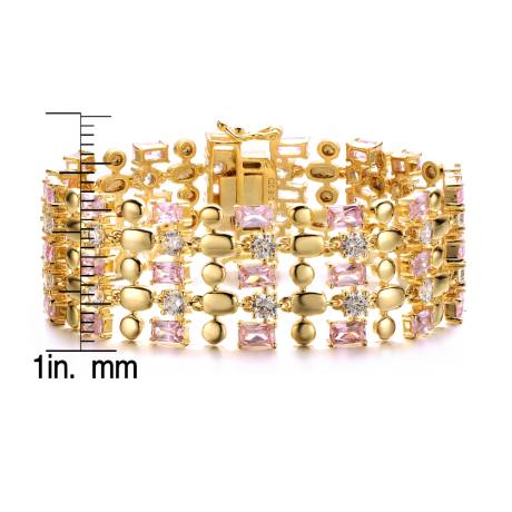 Rachel Glauber 14k Yellow Gold Plated Pink Morganite & Cubic Zirconia Wide Geometric Mesh Link Bracelet