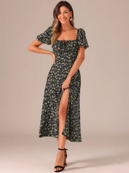 Allegra K - Floral Tie Neck Split Puff Sleeve Maxi Dress