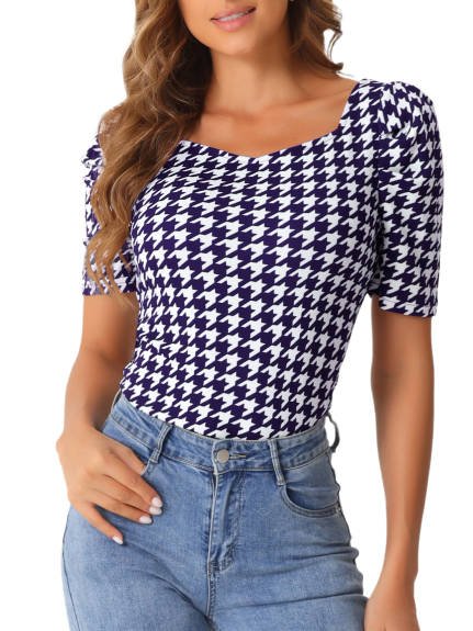 Allegra K - Short Sleeve Houndstooth Work Blouse