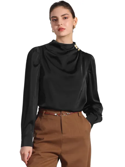 Allegra K - Satin Pleated Mock Neck Puff Sleeve Blouse