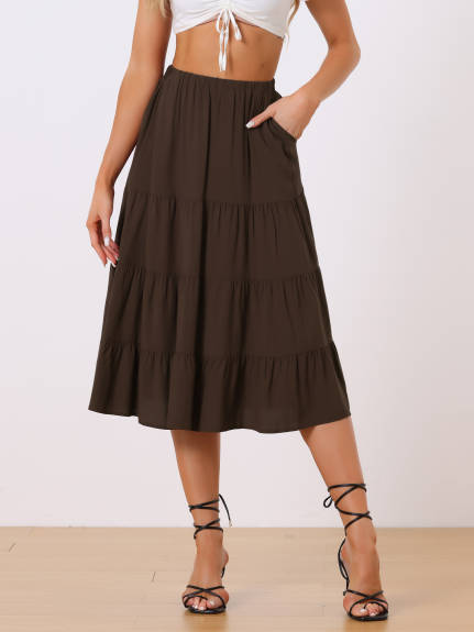 Allegra K- Elastic Waist Tiered A-Line Midi Skirt