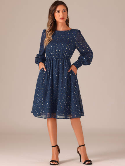 Allegra K - Puff Long Sleeve Gliding Stars Midi Dress