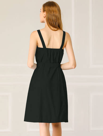 Allegra K- Belted Spaghetti Strap Button Dress