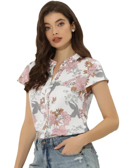 Allegra K- Satin Floral Cap Sleeve Blouse