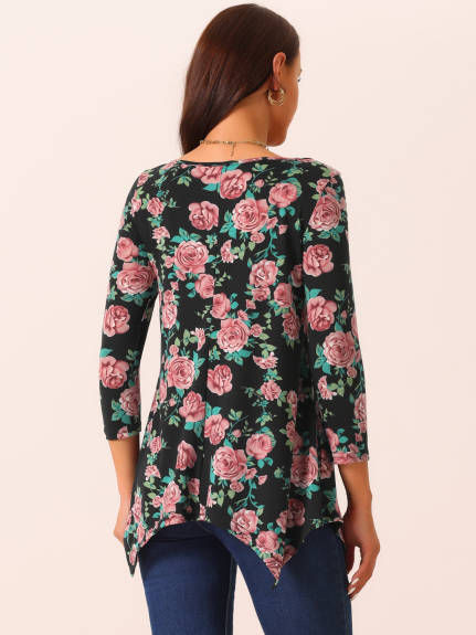 Allegra K - Floral 3/4 Sleeve Asymmetrical Tunic Top