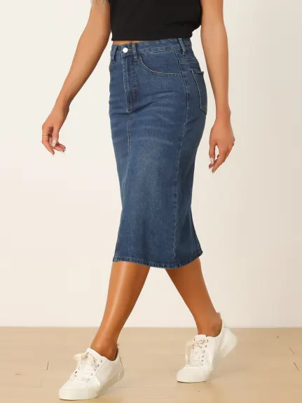 Allegra K- jupe Midi pour femme taille haute à dos fendu en Denim